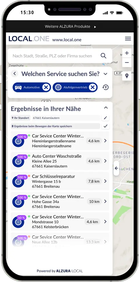 Een smartphone toont de geselecteerde filters voor sector en service uit stap 2. Daaronder staat een lijst met retailers die aan deze filters voldoen.